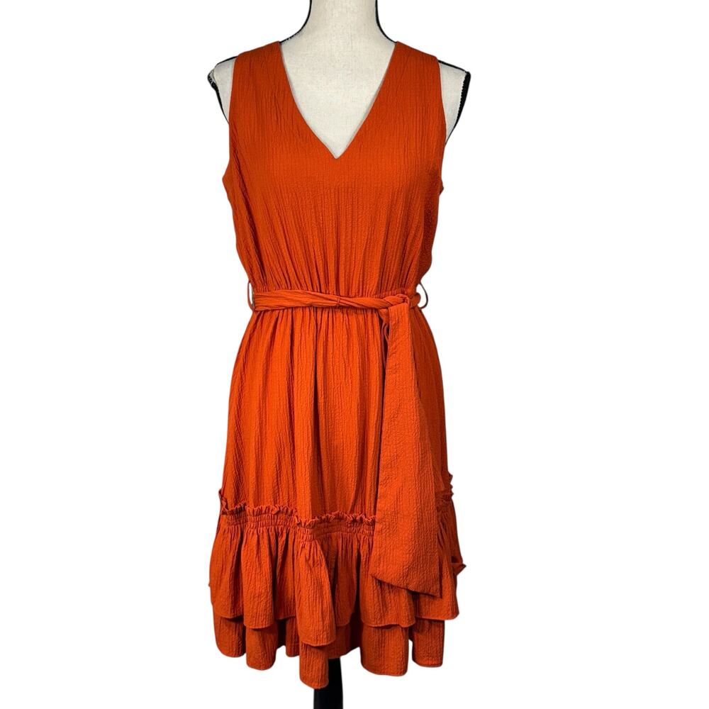 Calvin Klein SZ 10 A-Line Dress Sleeveless V-Neck Tie Waist Ruffled Hem Crinkle